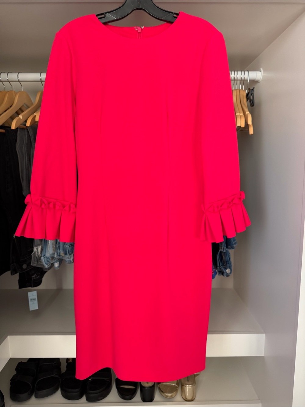 Tahari Hot Pink Ruffle-Cuff Midi Dress